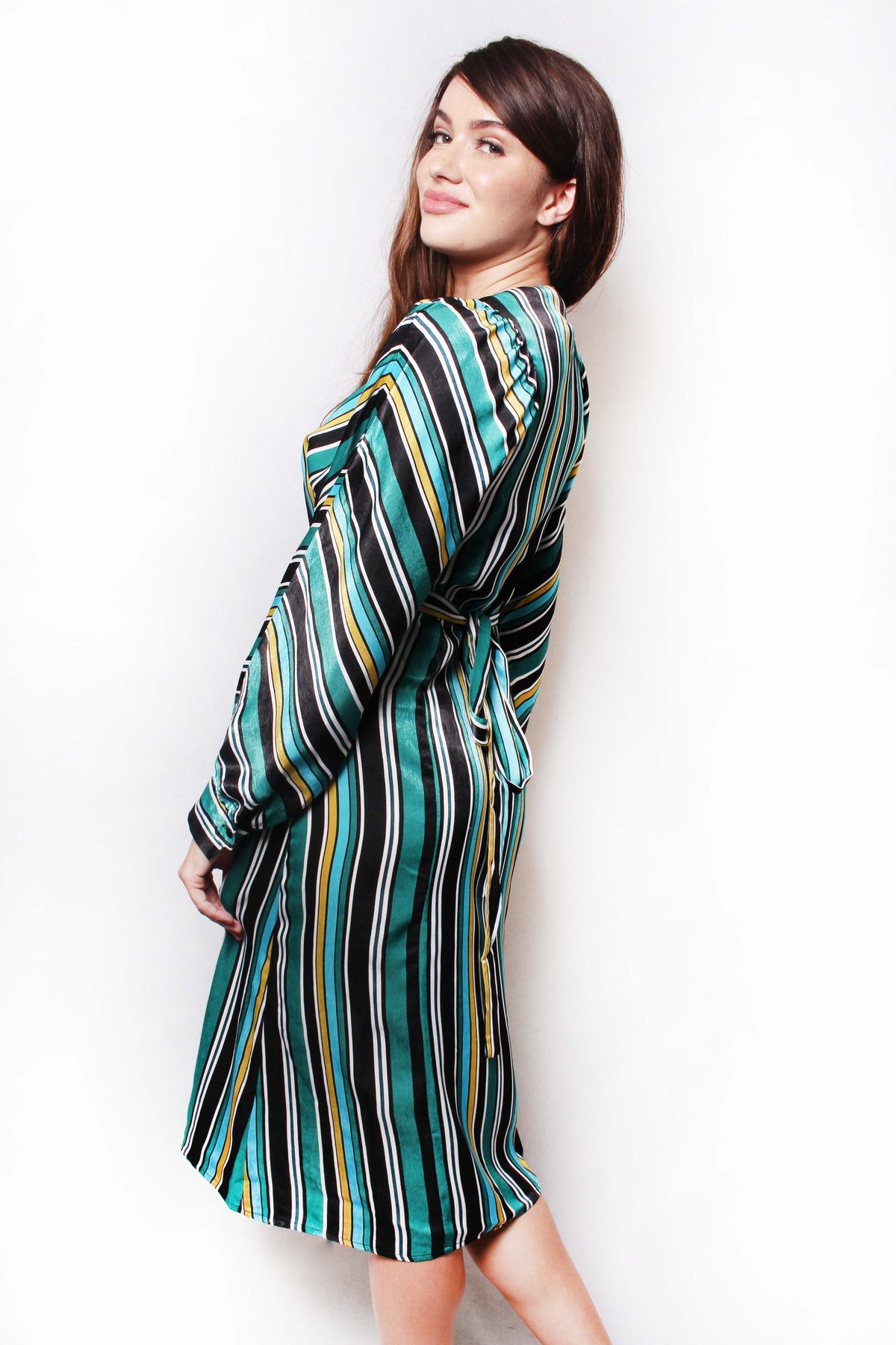 Women's Long Sleeves Striped Button Down Long Dress with Belt