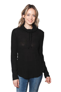 Women's Waffle Knit Cowl Neck Long Sleeve Top