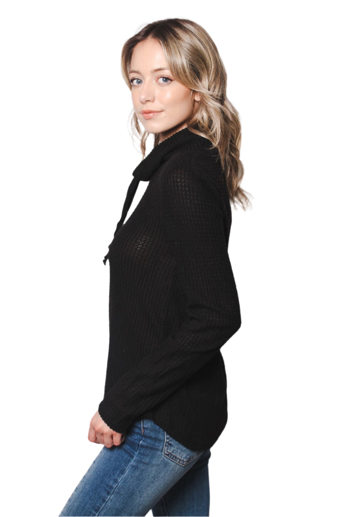 Women's Waffle Knit Cowl Neck Long Sleeve Top