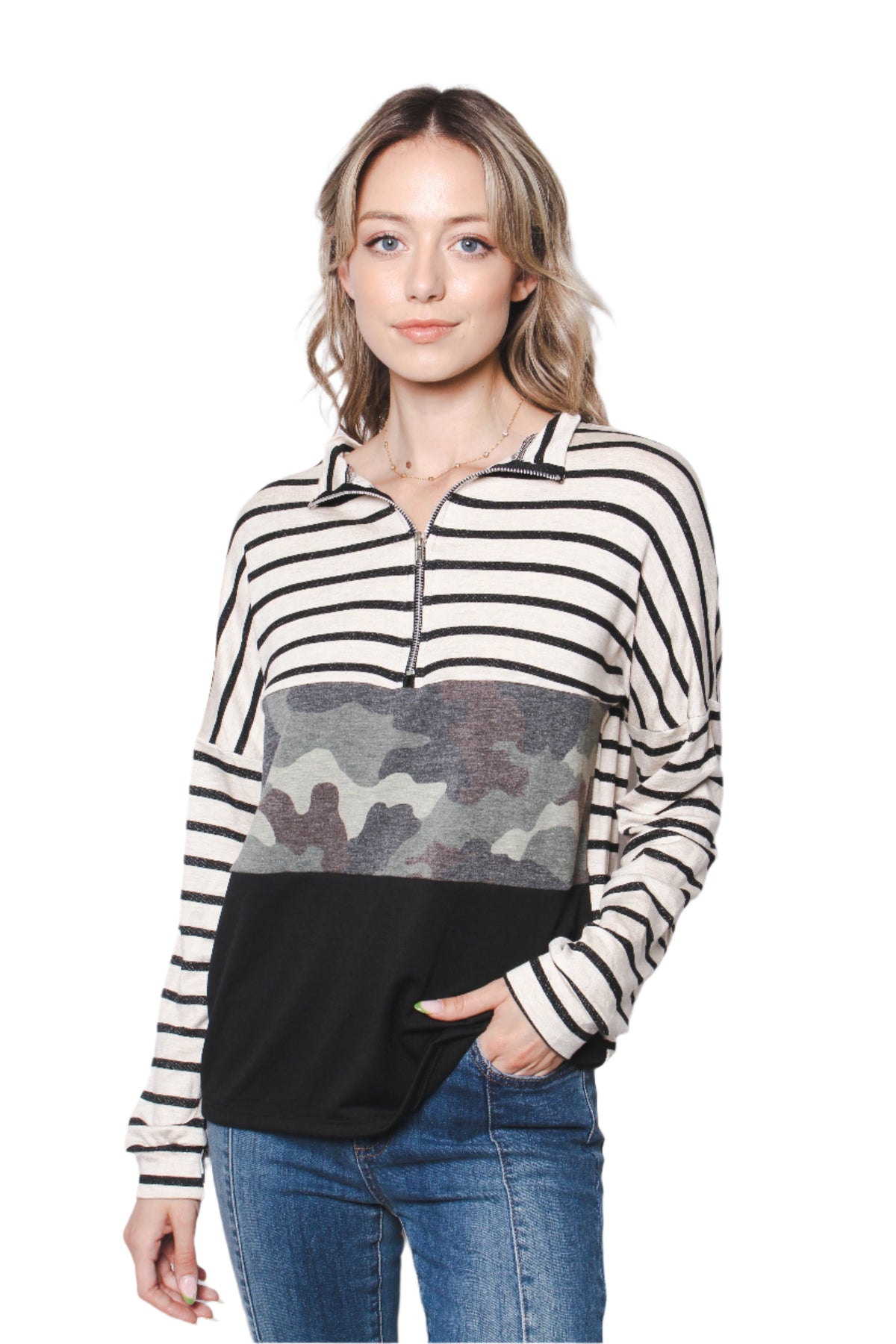 Women's Half Zip Long Sleeves Camo Striped Color Block Top