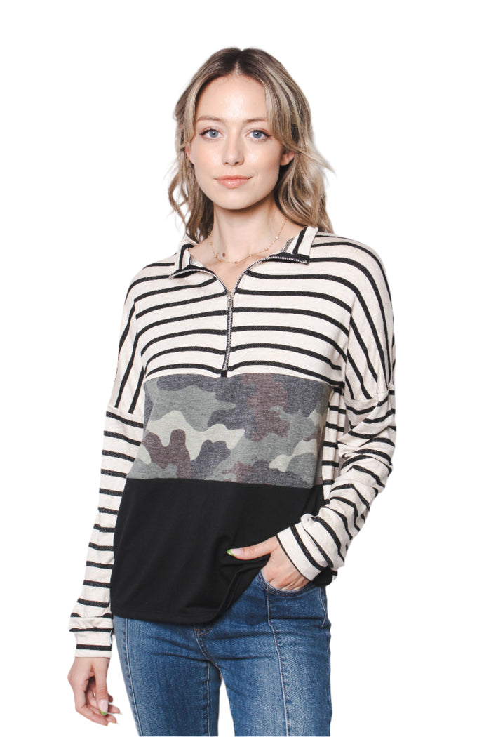 Women's Half Zip Long Sleeves Camo Striped Color Block Top