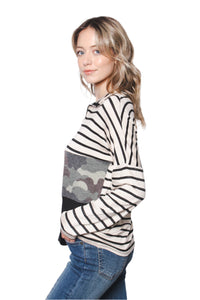 Women's Half Zip Long Sleeves Camo Striped Color Block Top