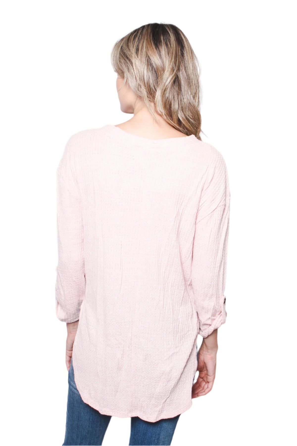 Women's Button Down Hi Low Waffle Top With Front Knot
