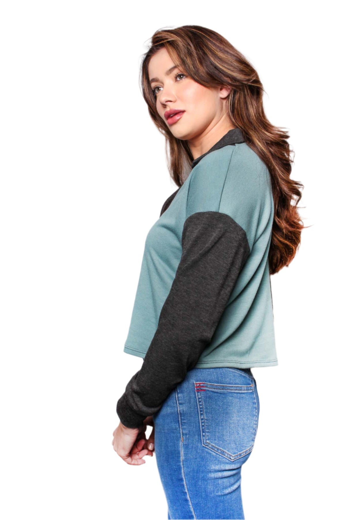 Women's Long Sleeve V Neck Colorblock Top