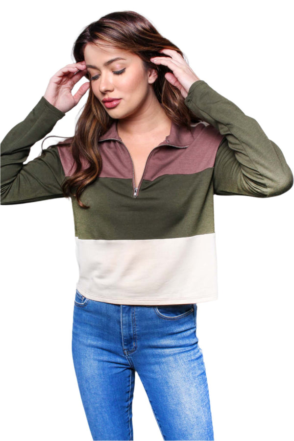 Women's Long Sleeve Half Zip Colorblock Top