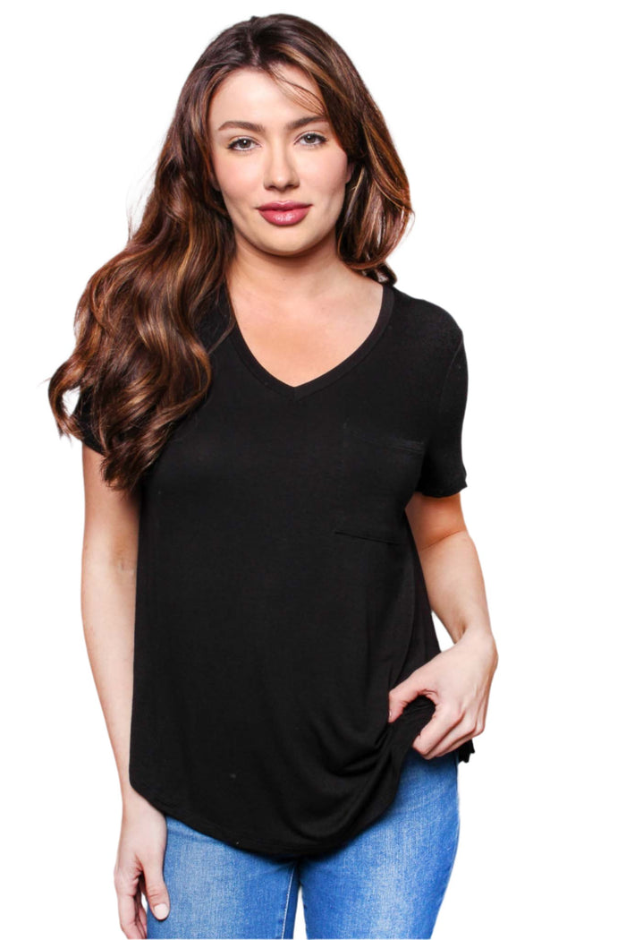 Women's Short Sleeve V Neck Front Pocket Top