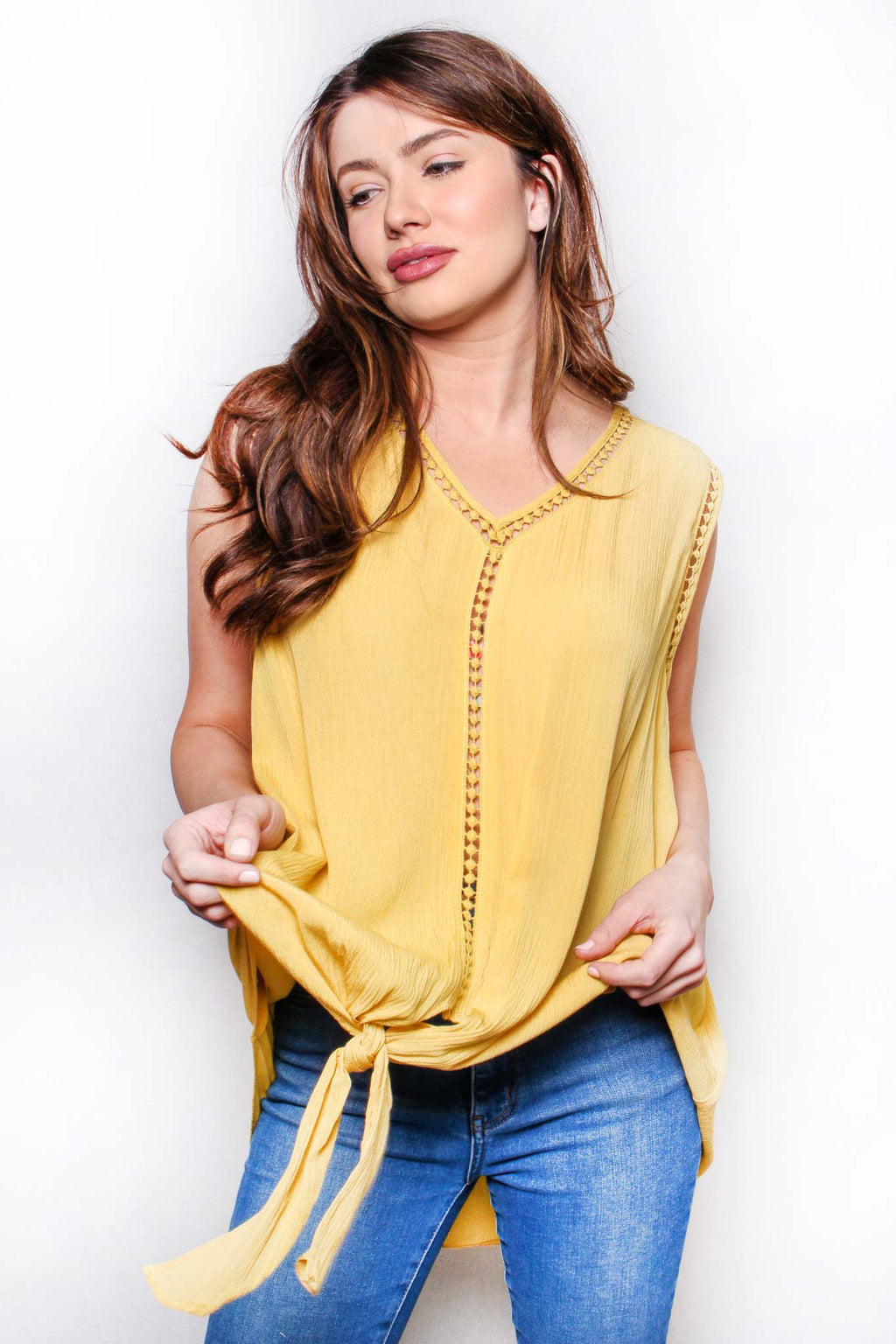 Women's Sleeveless Scoop Neck Embroidered Wrap Front Top