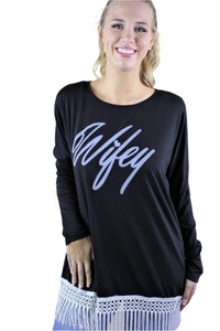 Women's Long Sleeve "Wifey" Top with Tassel Hem