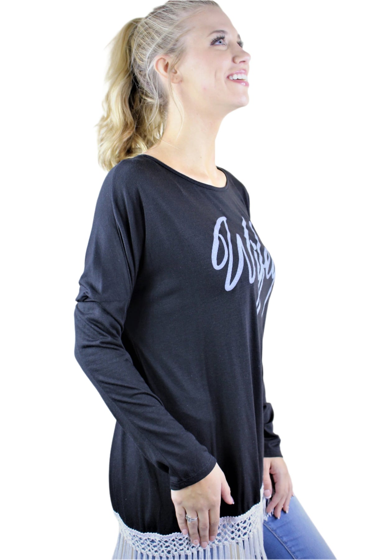Women's Long Sleeve "Wifey" Top with Tassel Hem