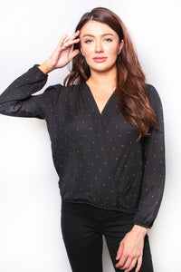 Women's Long Sleeve V Neck Faux Wrap Dotted Top