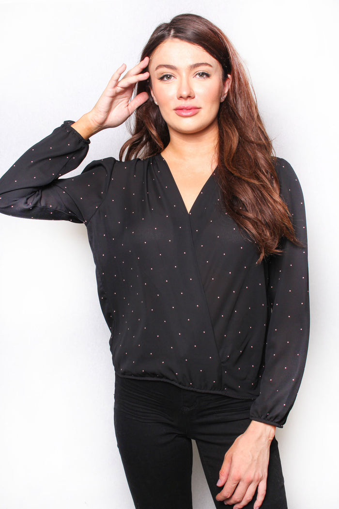 Women's Long Sleeve V Neck Faux Wrap Dotted Top