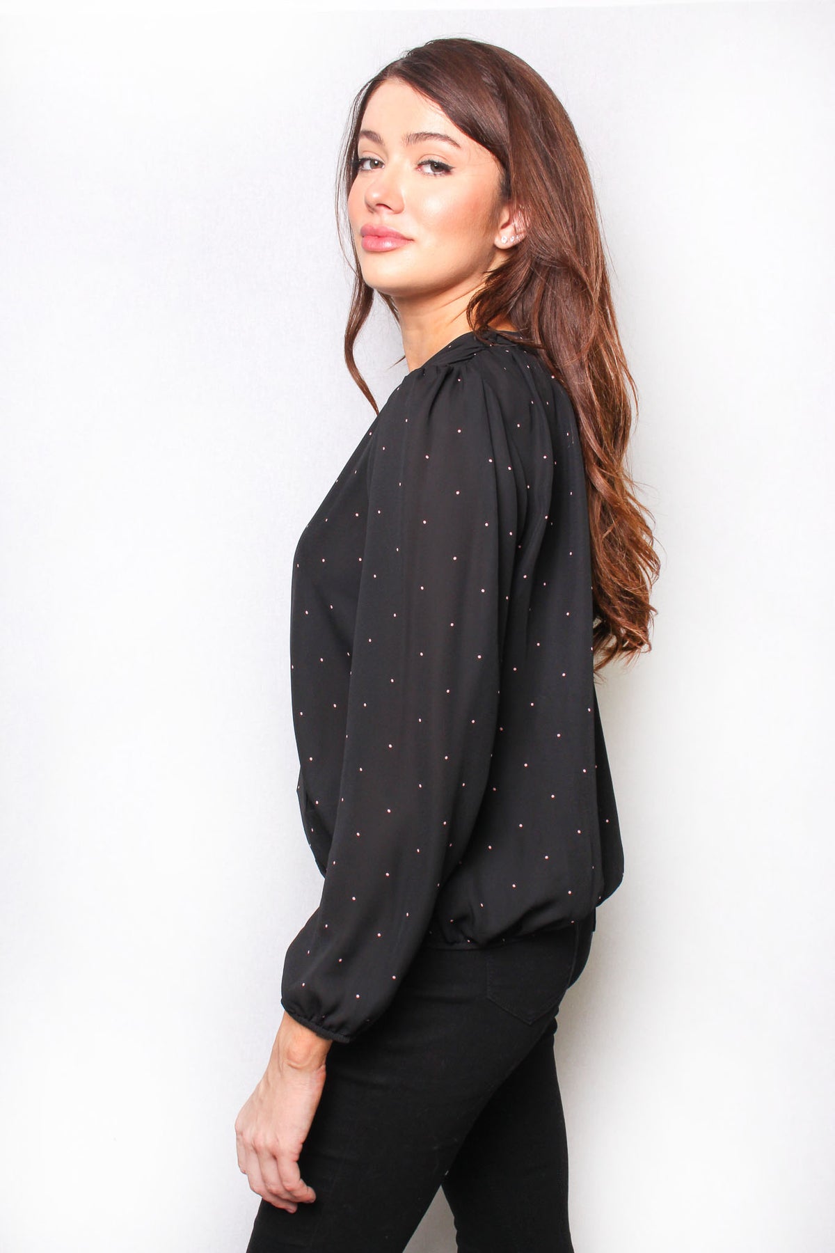Women's Long Sleeve V Neck Faux Wrap Dotted Top