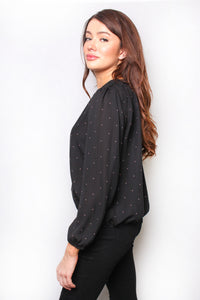 Women's Long Sleeve V Neck Faux Wrap Dotted Top