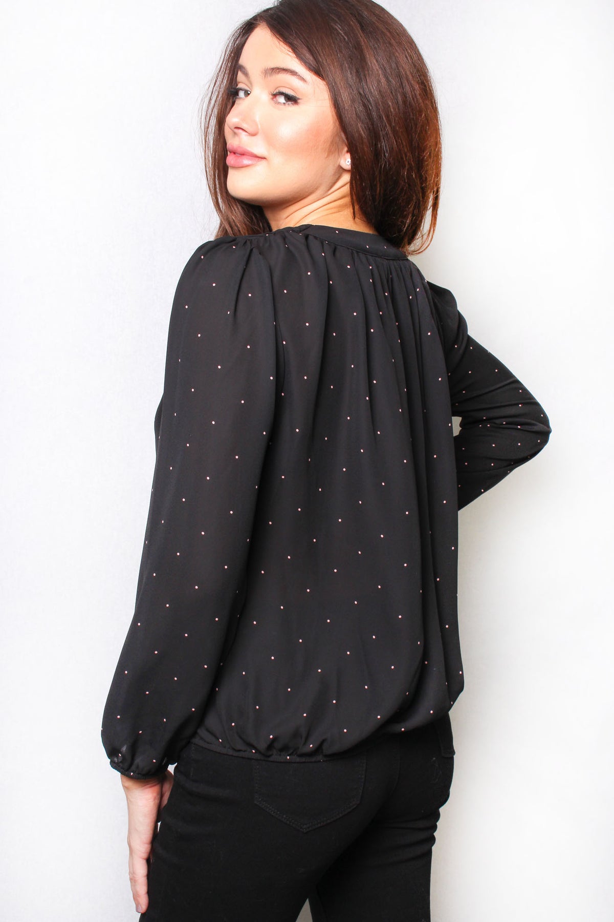 Women's Long Sleeve V Neck Faux Wrap Dotted Top