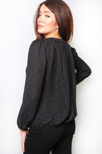 Women's Long Sleeve V Neck Faux Wrap Dotted Top