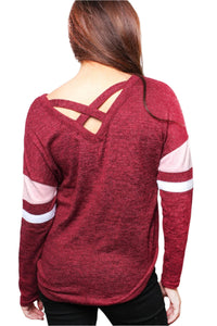 Women's Criss Cross Back Long Sleeve Striped Top