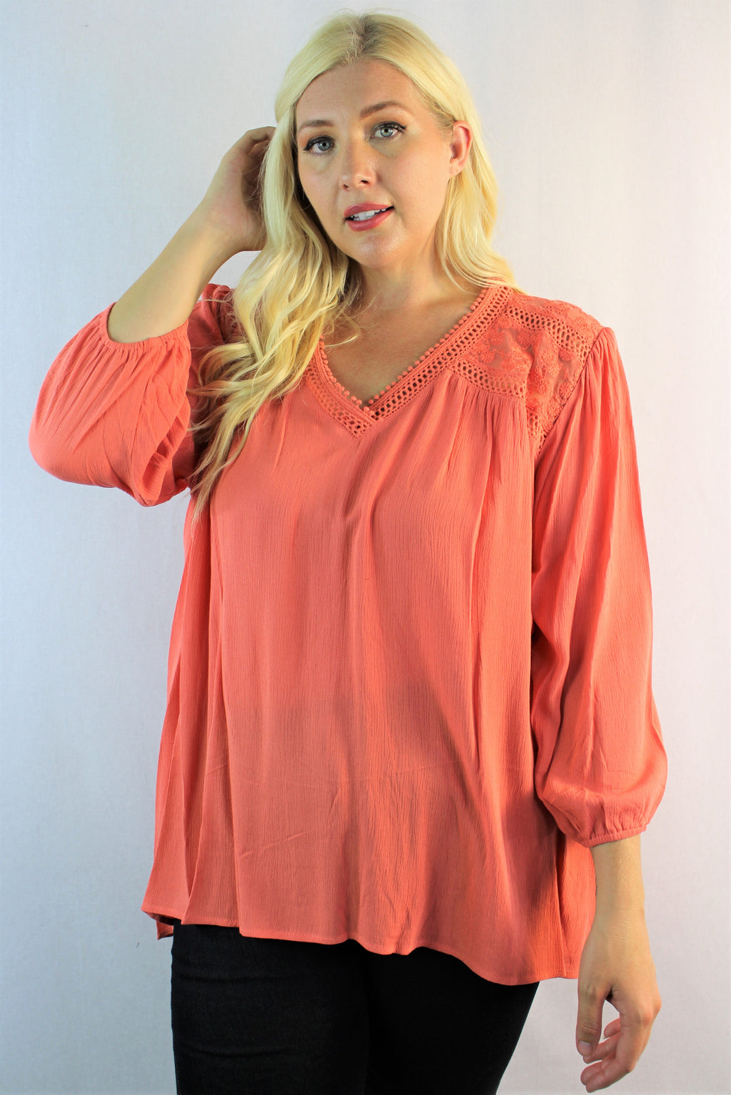 Women's Plus Size 3/4th Sleeve Blouse with Lace Detail