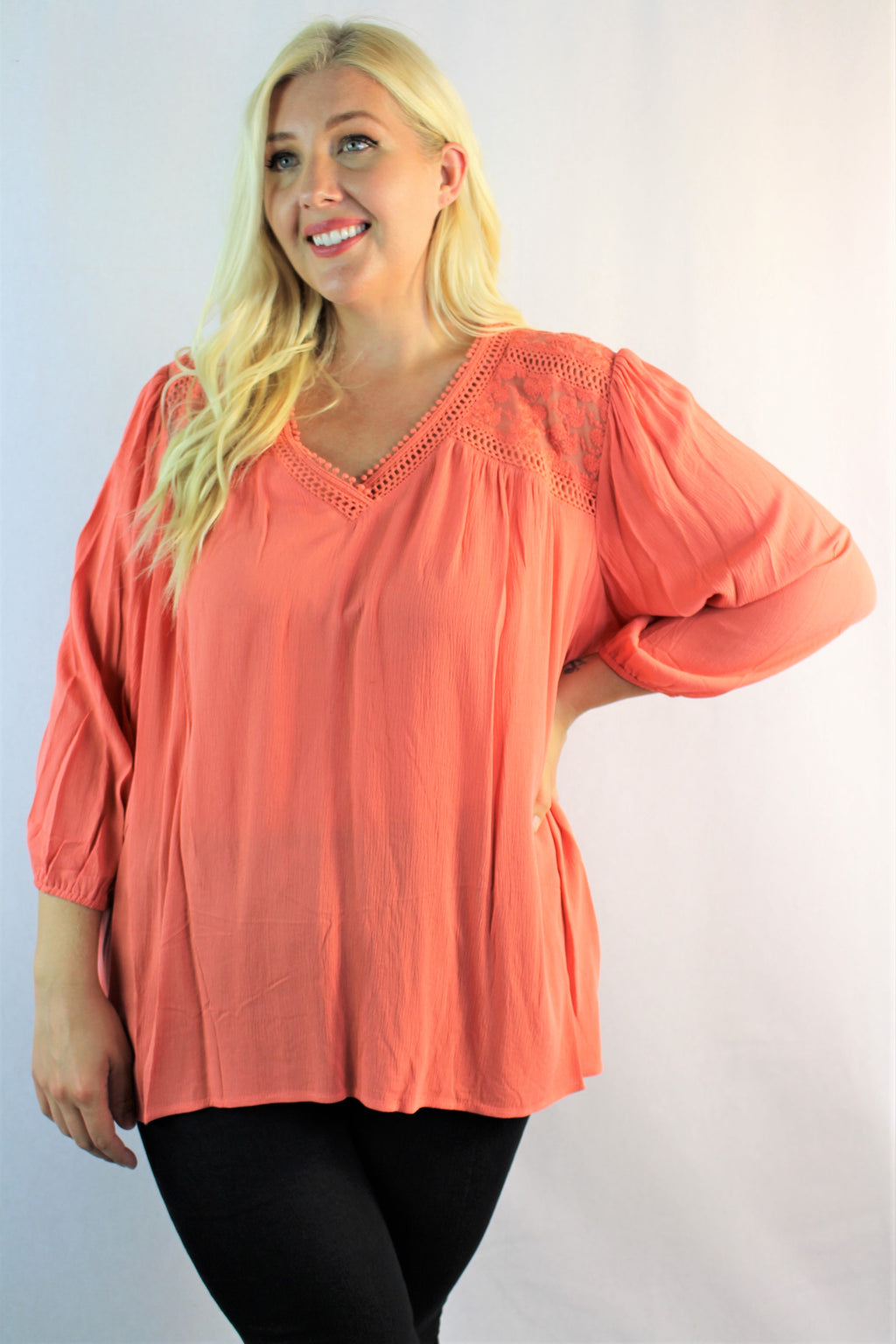 Women's Plus Size 3/4th Sleeve Blouse with Lace Detail
