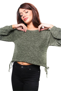 Women's Drawstring Criss Cross Back Long Sleeve Top