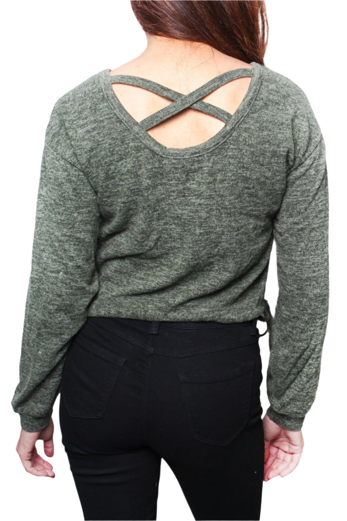 Women's Drawstring Criss Cross Back Long Sleeve Top