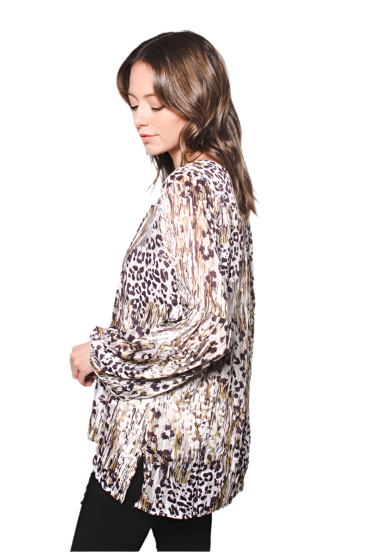 Women's Long Sleeve Laced Up Woven Rayon Challis with Lurex Leopard Printed Top with Lining