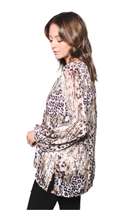 Women's Long Sleeve Laced Up Woven Rayon Challis with Lurex Leopard Printed Top with Lining