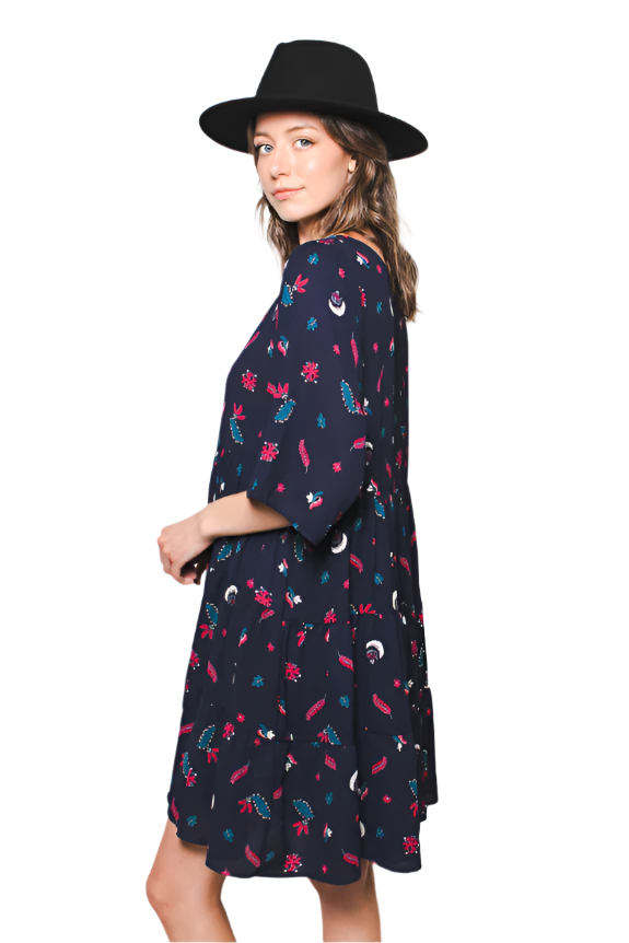 Women's Woven Printed Half Sleeve Scoop Neck Baby Doll Dress