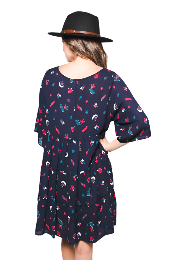 Women's Woven Printed Half Sleeve Scoop Neck Baby Doll Dress