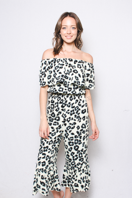 Women's Off Shoulder Leopard Print Knee Length Romper with Front Detail
