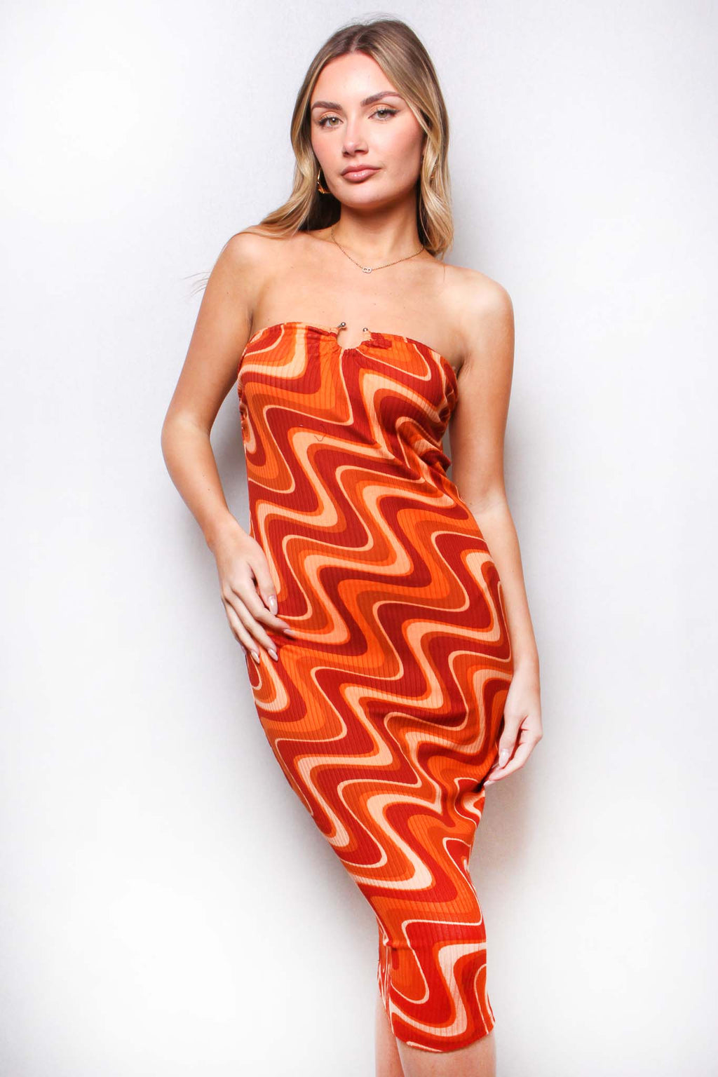 Women's Strapless Wave Print U Ring Front Midi Dress