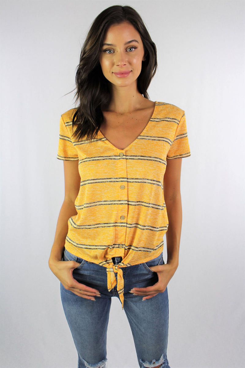 Women's Short Sleeve V Neck with Front Knot and Button Detail