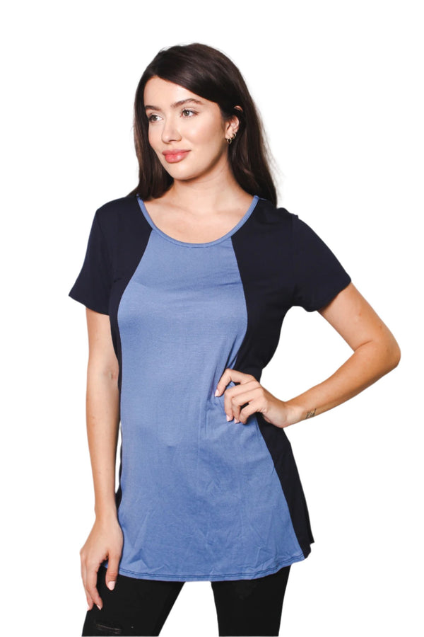 Women's Short Sleeve Two Tone Tunic Top with Back Tie