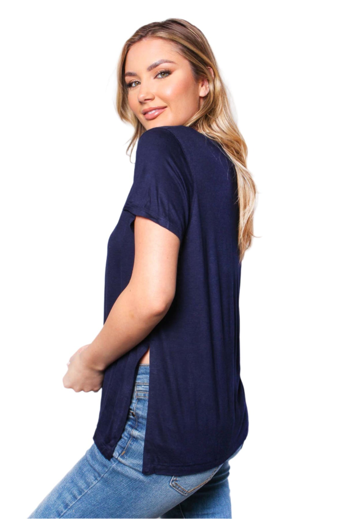 Women's Short Sleeve Round Neck Side Slit Top