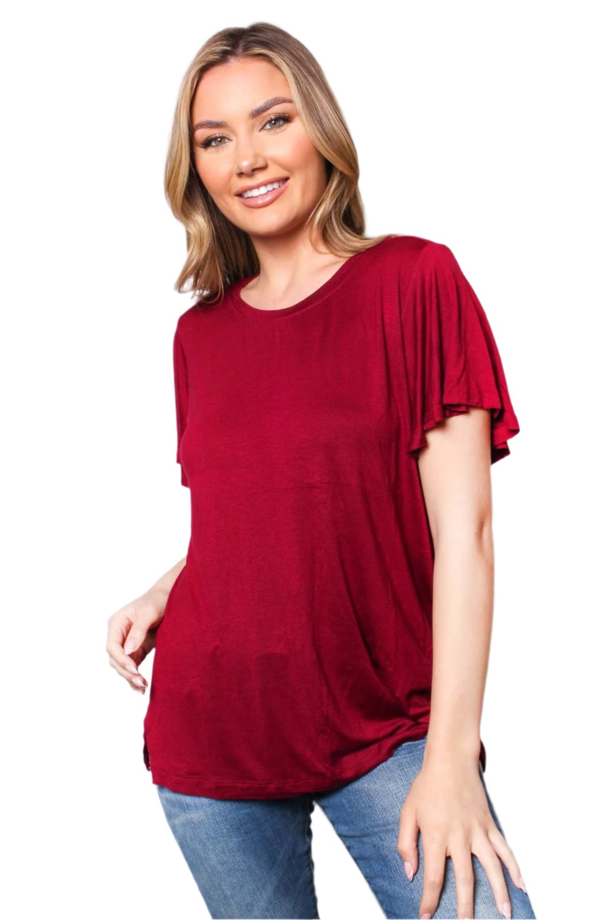 Women's Ruffle Sleeve Round Neck Plain Top