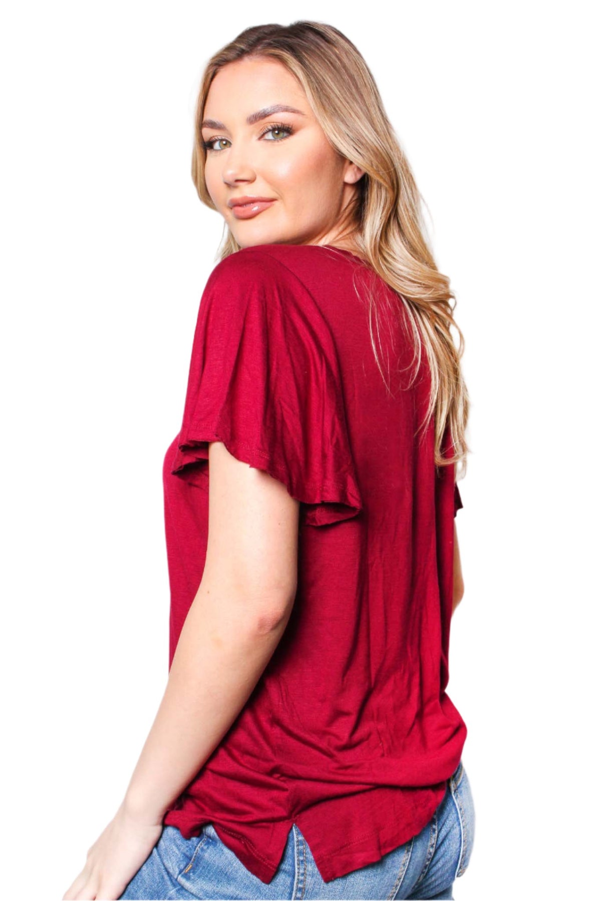Women's Ruffle Sleeve Round Neck Plain Top