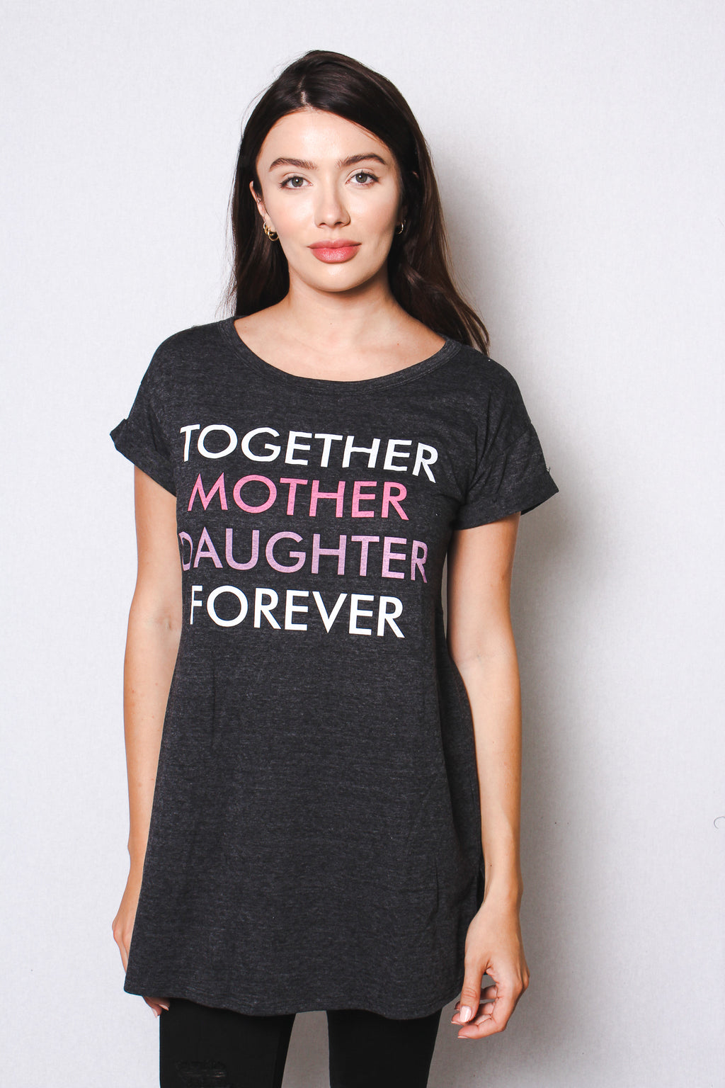 Women's Round Neck Short Rollup Sleeve Tunic Shirt with "Together Mother Daughter Forever" Print