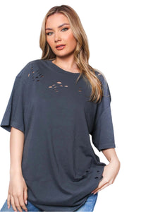 Women's Elbow Sleeve Round Neck Holes Solid Top