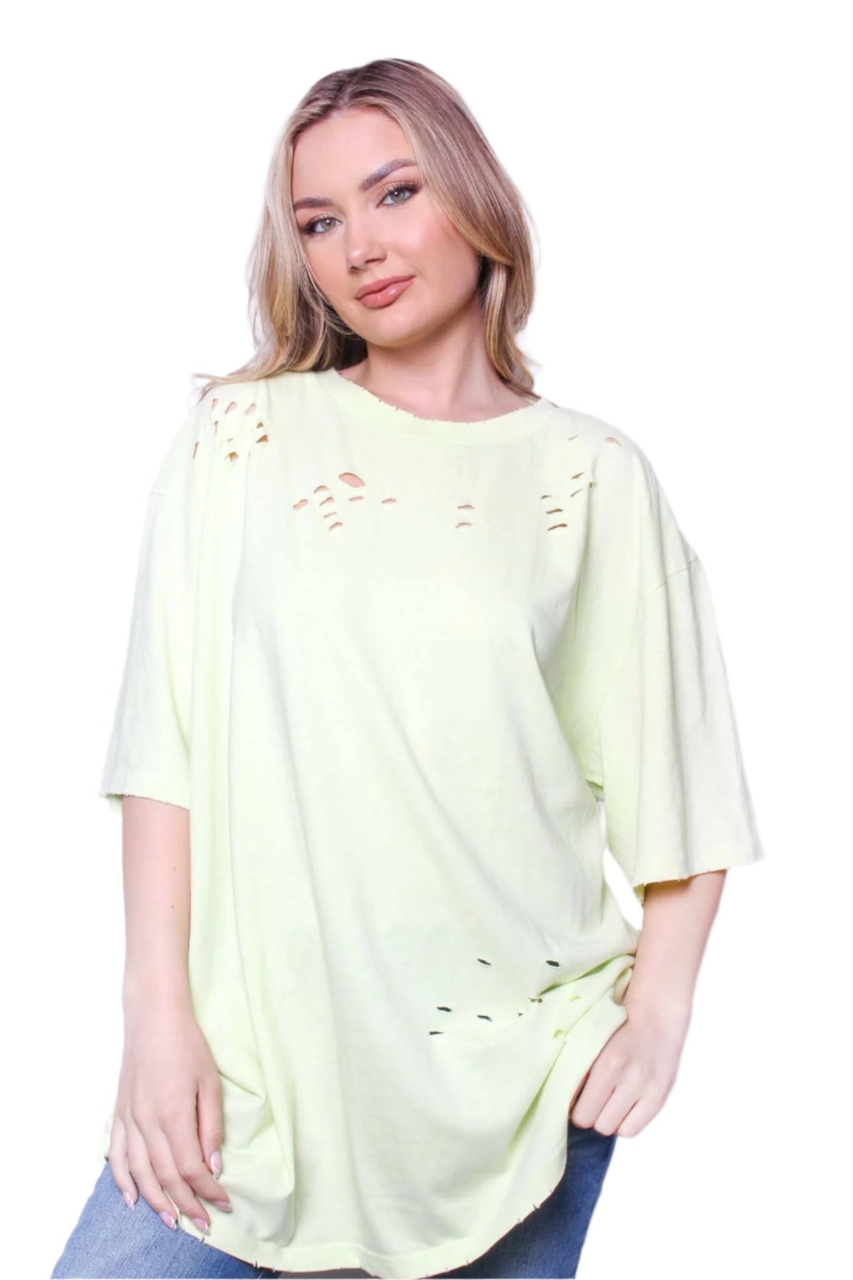 Women's Elbow Sleeve Round Neck Holes Solid Top