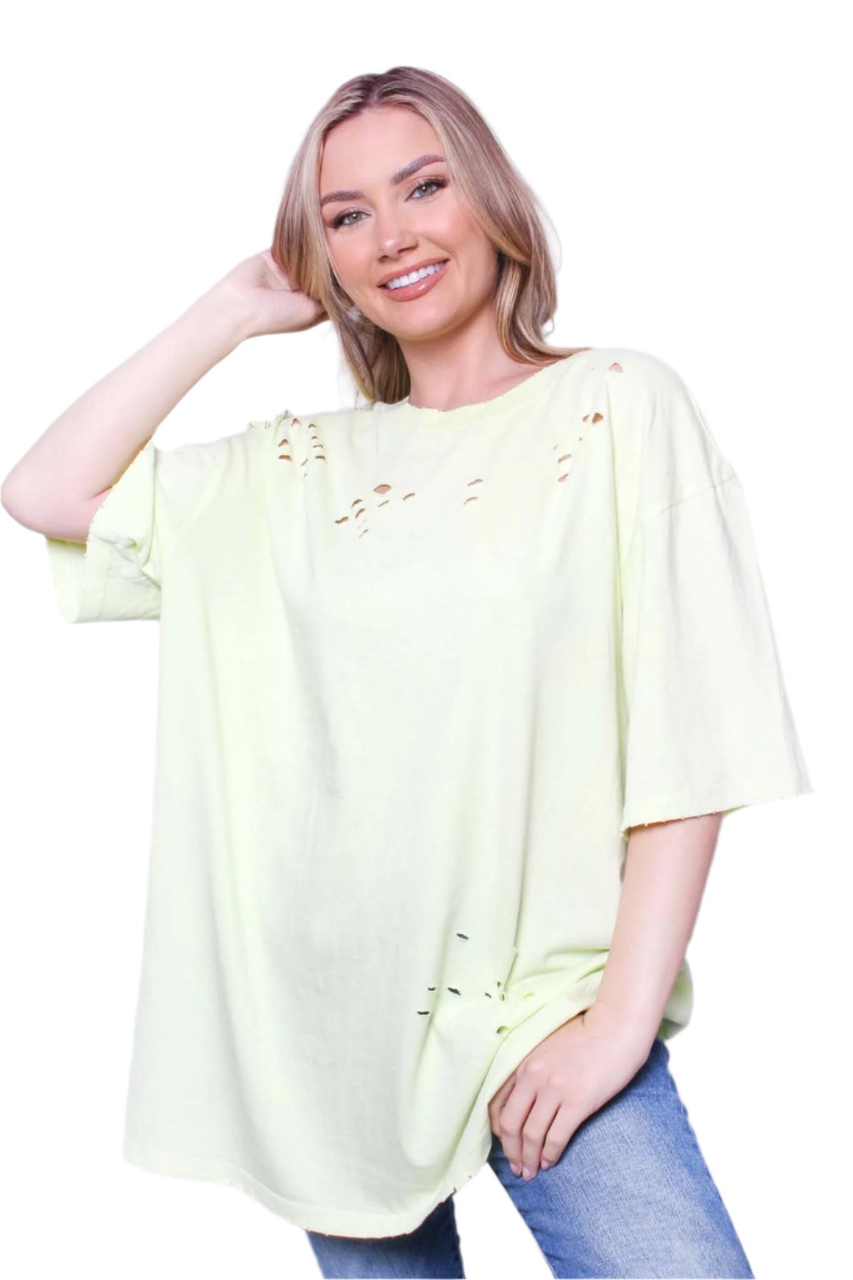 Women's Elbow Sleeve Round Neck Holes Solid Top