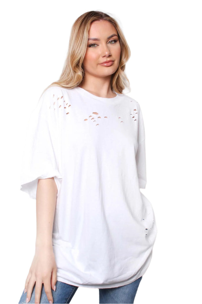 Women's Elbow Sleeve Round Neck Holes Solid Top