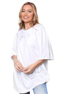 Women's Elbow Sleeve Round Neck Holes Solid Top