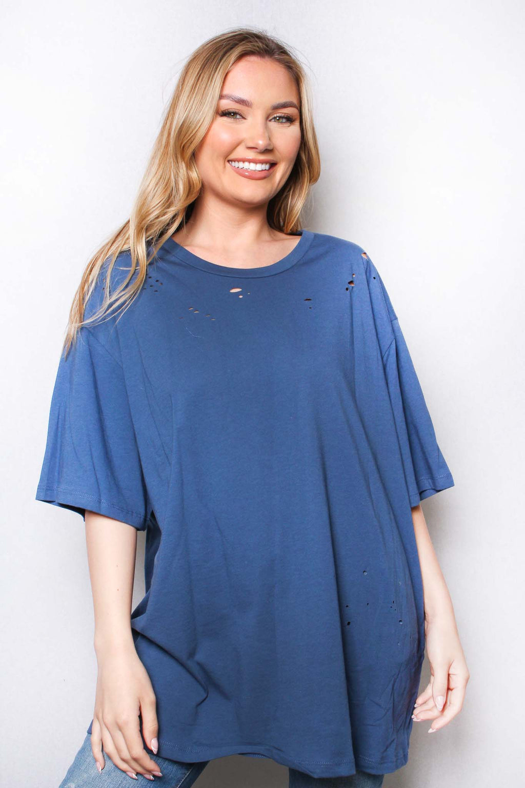 Women's Elbow Sleeve Round Neck Solid Top with Holes