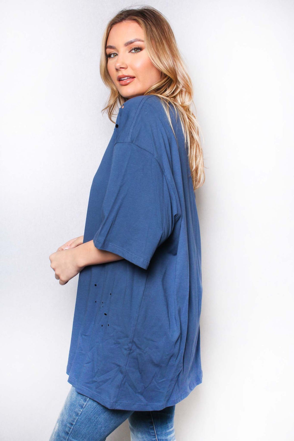 Women's Elbow Sleeve Round Neck Solid Top with Holes