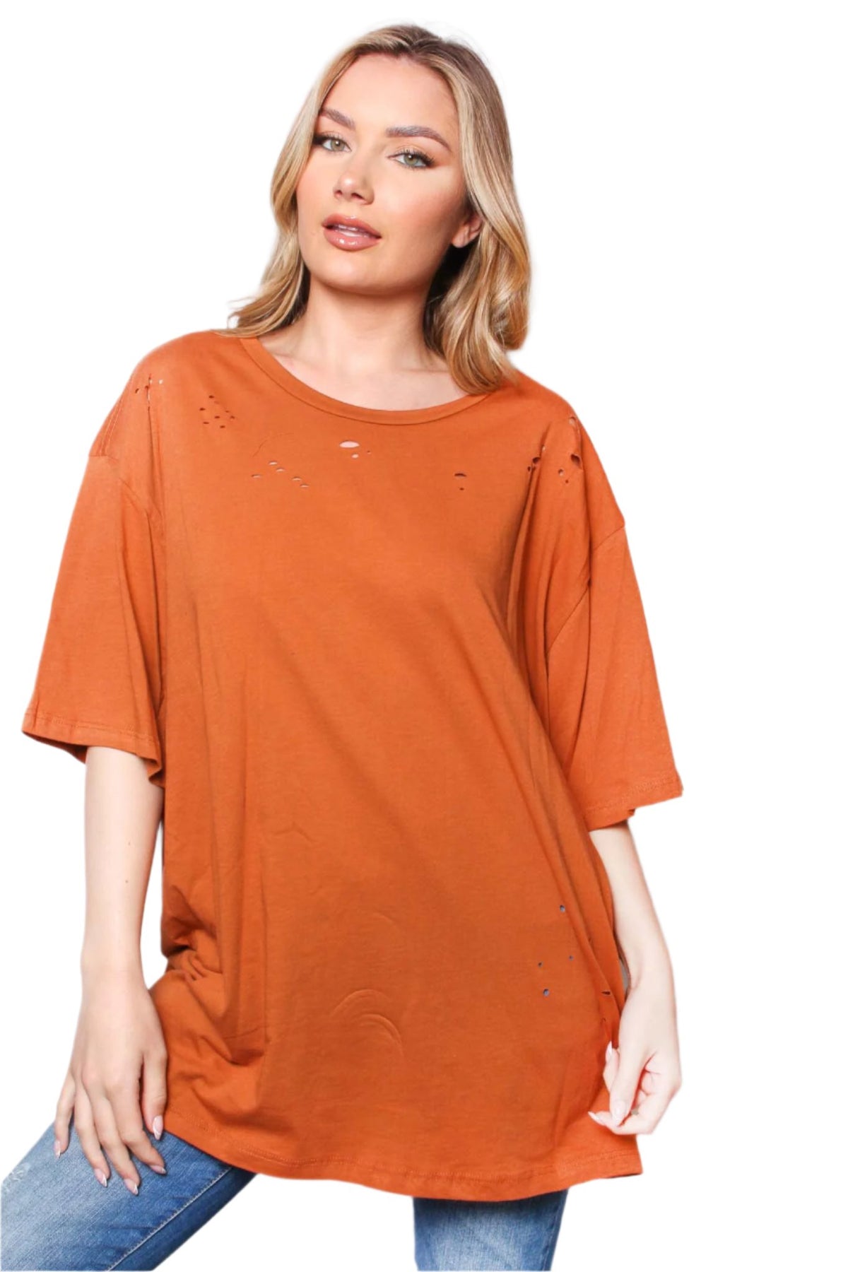 Women's Elbow Sleeve Round Neck Solid Top with Holes