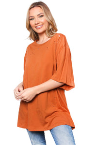 Women's Elbow Sleeve Round Neck Solid Top with Holes