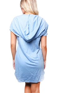 Women's Short Sleeve Deep V Neck Hooded Mini Dress