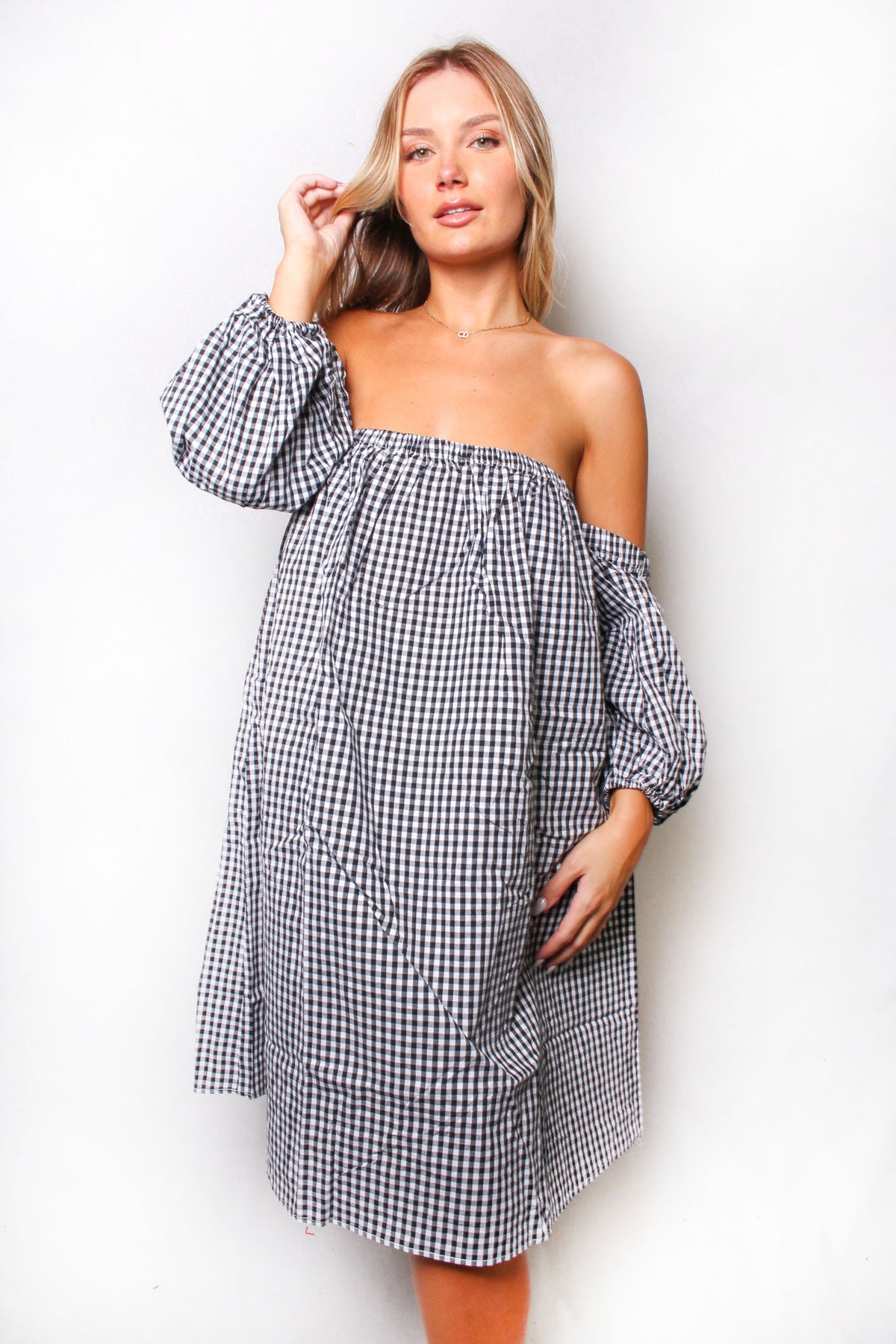 Women's Off The Shoulder Checkered Mini Dress
