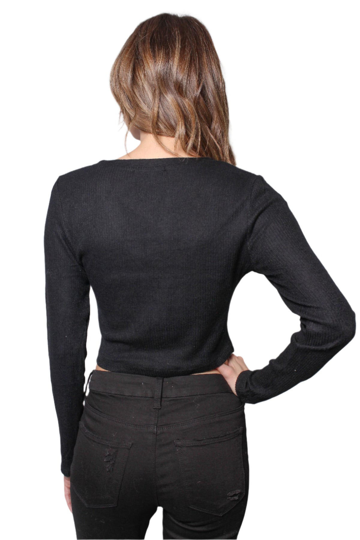 Women's Long Sleeve V Neck Button Down Crop Top