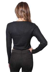 Women's Long Sleeve V Neck Button Down Crop Top