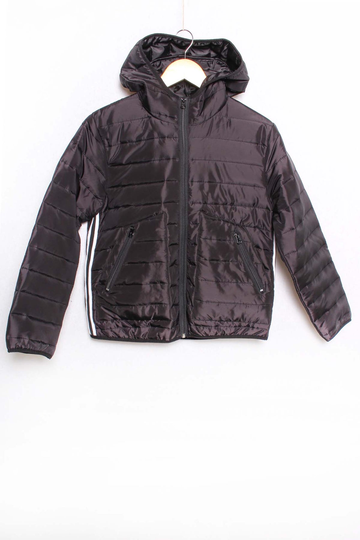 Women's Long Sleeves Zip Down Hooded Taping Puffer Jacket